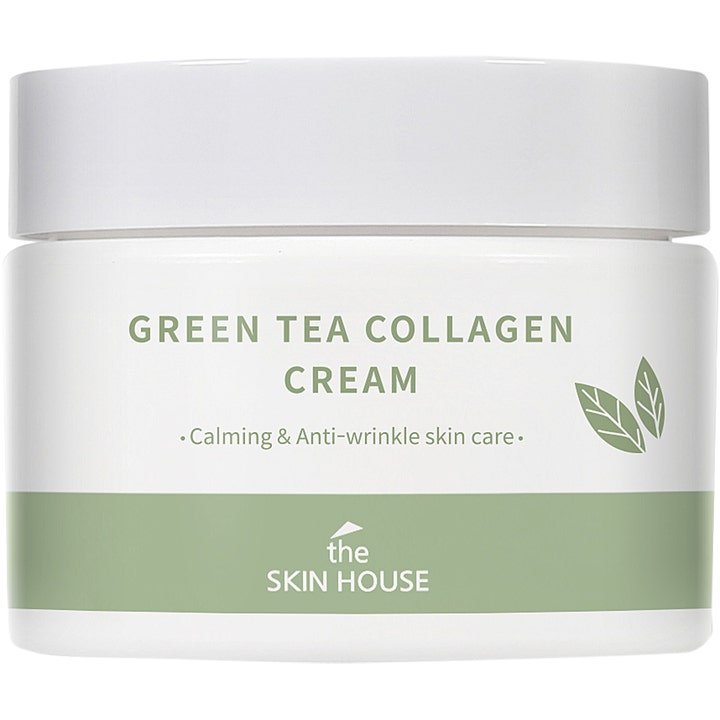The Skin House Green Tea Collagen Cream beroligende ansigtscreme mod rynker i en hvid krukke med grønne blade