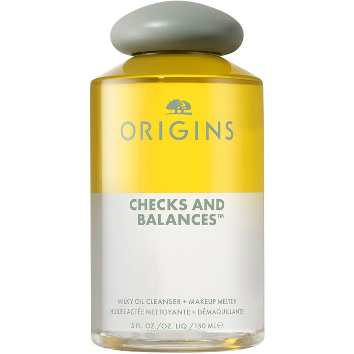 Origins Checks and Balances 150 ml ansigtsrens fjerner makeup med en to-faset gul og hvid væske i en klar flaske