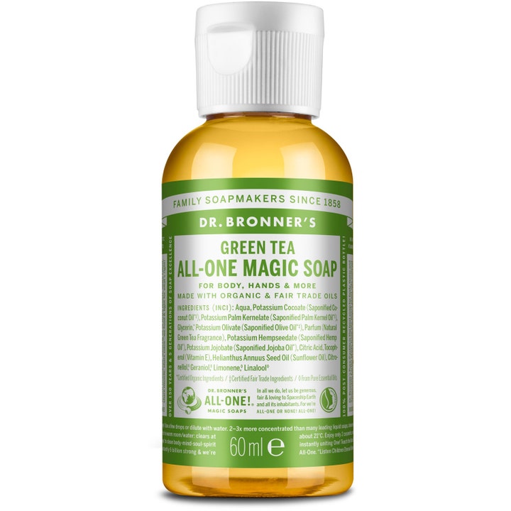 Dr. Bronner's Green Tea Magic Soap 60 ml flydende sæbe i gennemsigtig flaske med grøn etiket og hvidt låg