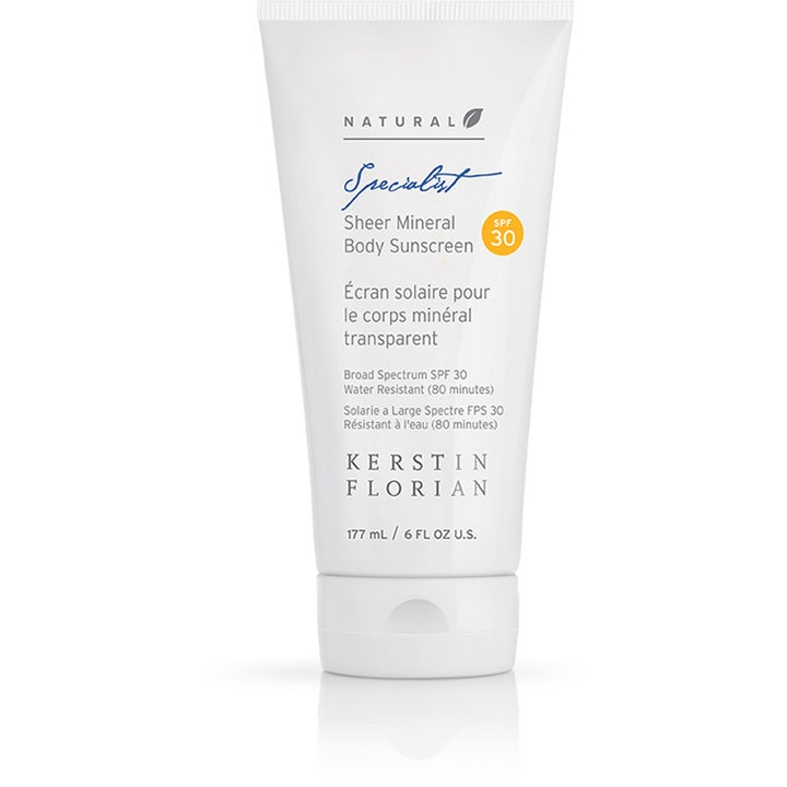 Kerstin Florian Natural Specialist Sheer Mineral Body Sunscreen 177 ml solcreme i hvid tube med orange SPF 30 mærke