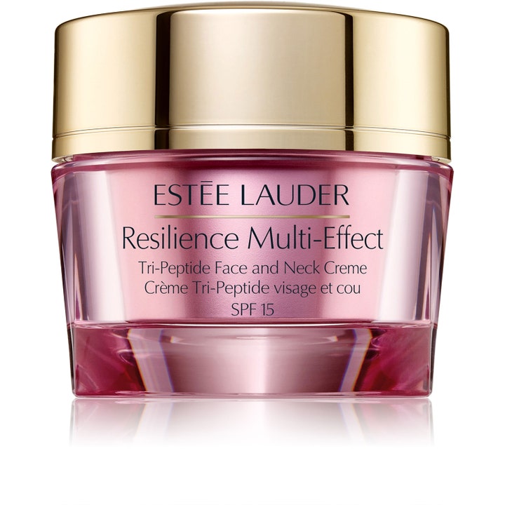Estée Lauder Resilience Multi-Effect opstrammende ansigtscreme med SPF 15 i en lyserød glaskrukke med guldlåg.