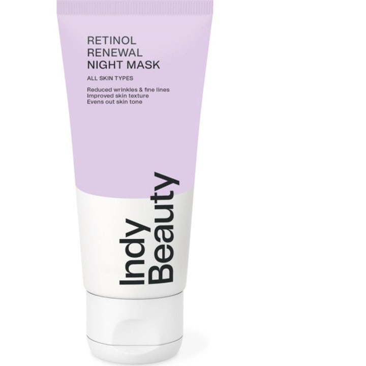 Indy Beauty Retinol Renewal Night Mask ansigtsmaske i lilla og hvid tube der mindsker rynker og giver glød.