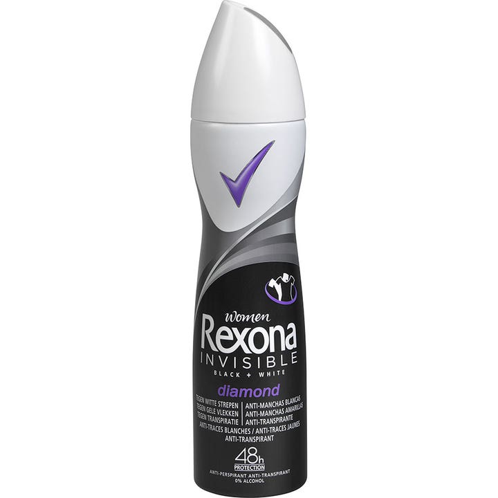 Rexona Invisible Black + White Diamond anti-perspirant spray mod pletter i en sort og hvid flaske med lilla detaljer