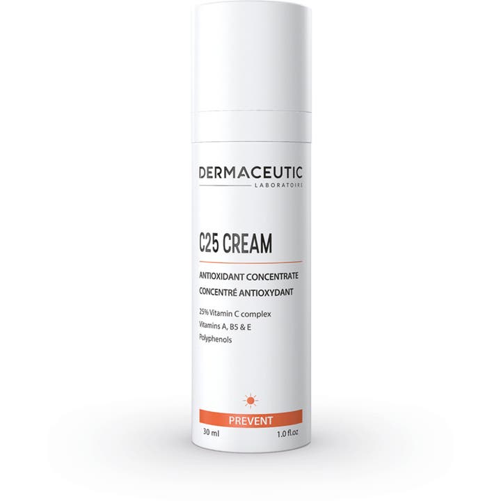 Dermaceutic C25 Cream 30 ml antioxidant ansigtscreme med C-vitamin i hvid pumpeflaske med orange detaljer