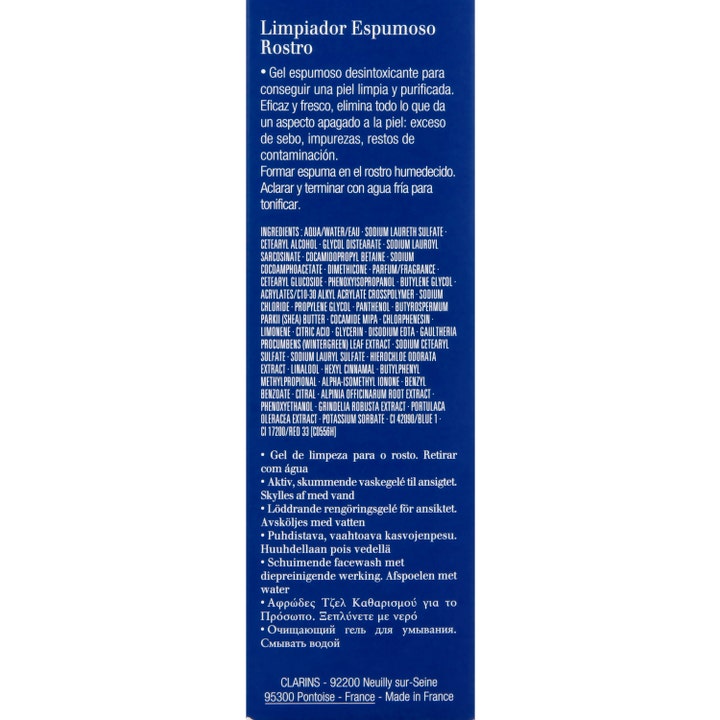 Clarins Men Active Face Wash 125 ml ansigtsvask viser mørkeblå emballage med hvid tekst og fuld liste over ingredienser