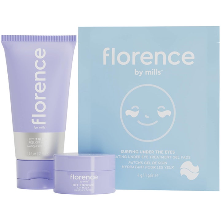 Florence by mills hudplejesæt med peel off maske 50ml og øjenmasker der giver fugt i lilla og blå emballage