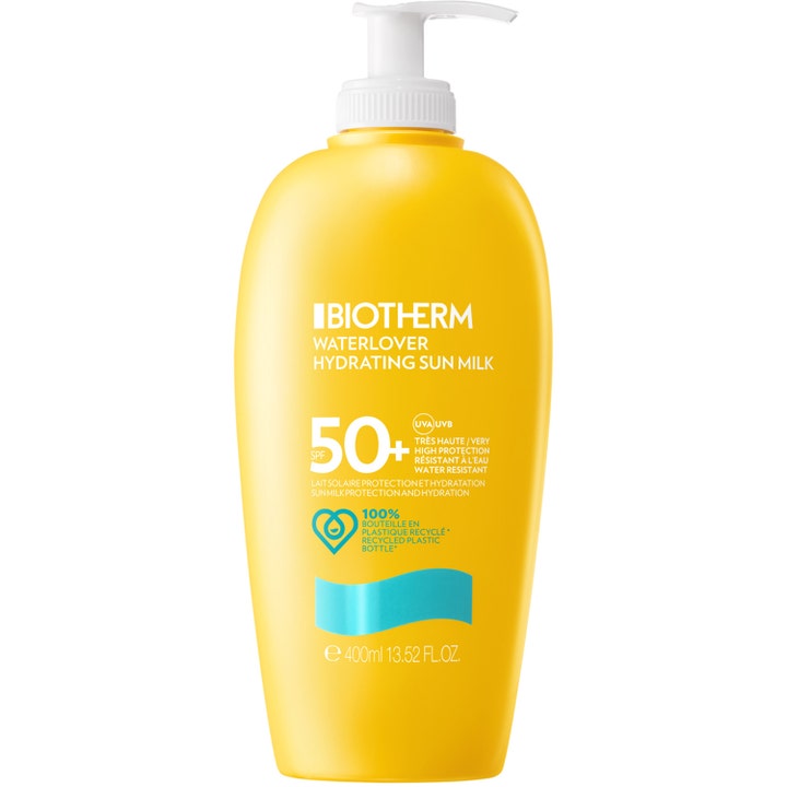 Biotherm Waterlover Hydrating Sun Milk 400 ml fugtgivende solcreme i gul flaske med hvid pumpe giver høj solbeskyttelse.