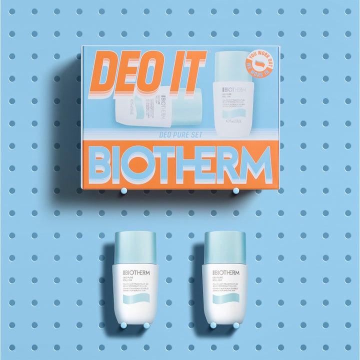 Biotherm Duo Deo Pure Set 150 ml antiperspirant i to hvide roll-on flasker med lyseblå låg og farverig æske