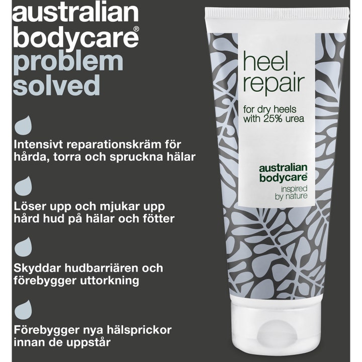 Australian Bodycare Heel Repair 100 ml reparerende fodcreme i hvid tube med gråt bladmønster og 25% urea