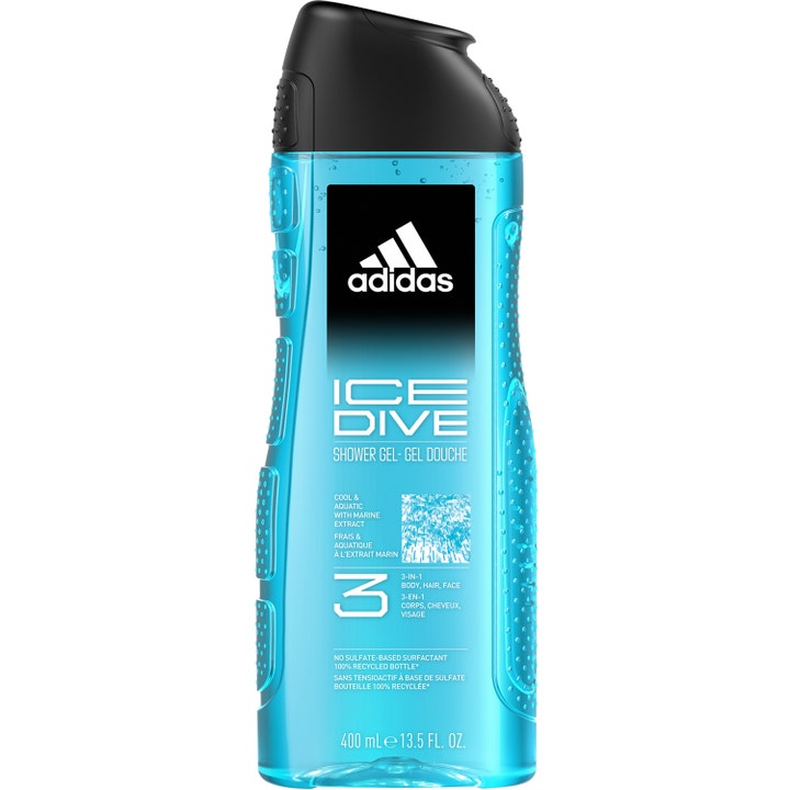 Adidas Ice Dive 400 ml 3-i-1 shower gel giver friskhed i en blå gennemsigtig flaske med sort kliklåg