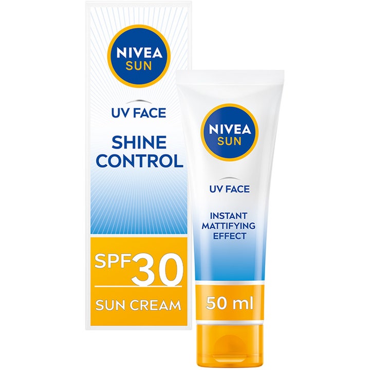 Nivea Sun UV Face Shine Control 50 ml matterende solcreme til ansigtet i hvid tube med gult låg og yderemballage