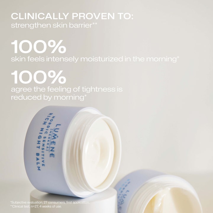 Lumene Nordic Sensitive Rich Night Balm 50 ml beroligende nattcreme i åben krukke med tekst om kliniske resultater