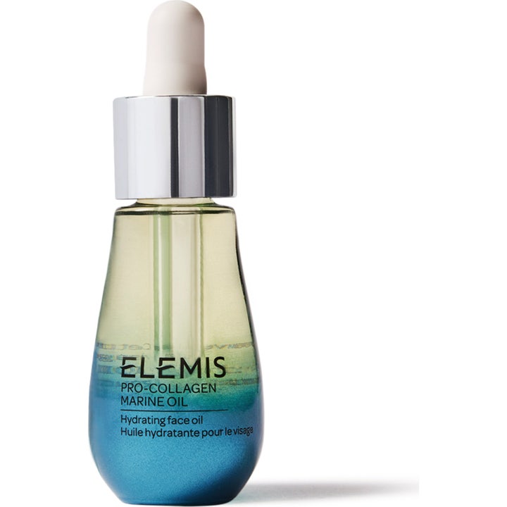Elemis Pro-Collagen Marine Oil 15 ml fugtgivende ansigtsolie i en blå og klar glasflaske med sølvlåg og pipette