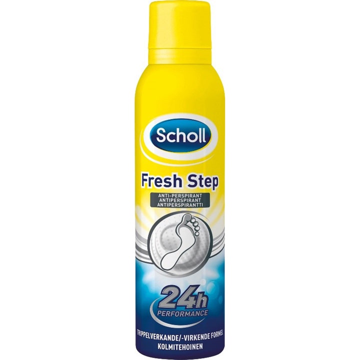 Scholl Fresh Step Anti-Perspirant fodspray modvirker sved i en gul sprayflaske med blåt låg og fodgrafik.