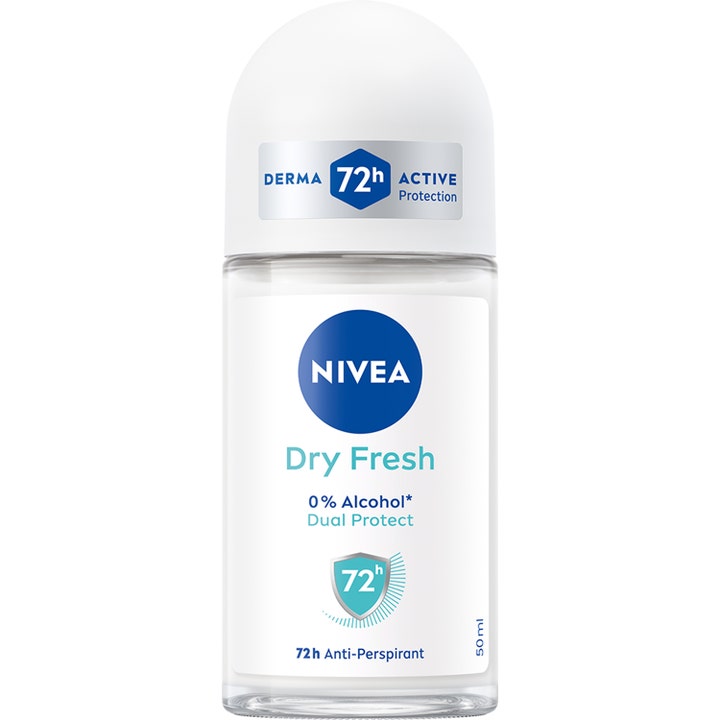 Nivea Dry Fresh 50 ml alkoholfri antiperspirant roll-on giver 72 timers beskyttelse i klar glasflaske med hvidt låg