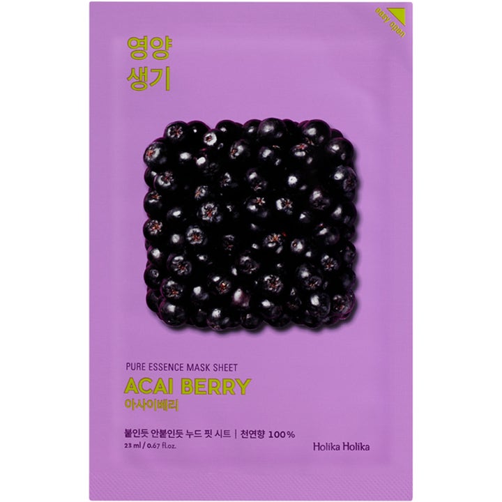 Holika Holika Pure Essence Mask Sheet Acai Berry 23 ml revitaliserende sheet mask i lilla indpakning med mørke bær