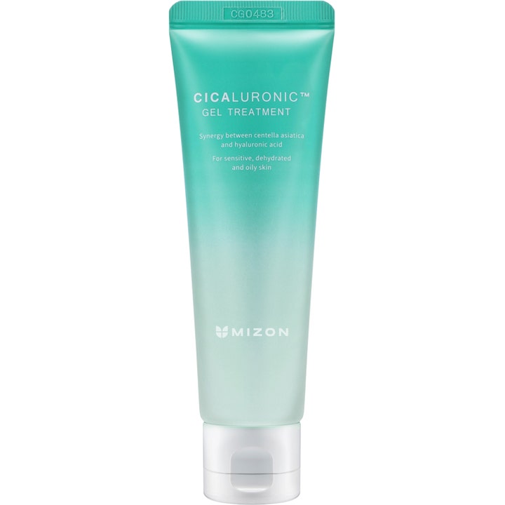 Mizon Cicaluronic Gel Treatment beroligende ansigtsgel i mintgrøn tube med hvidt låg til dehydreret hud