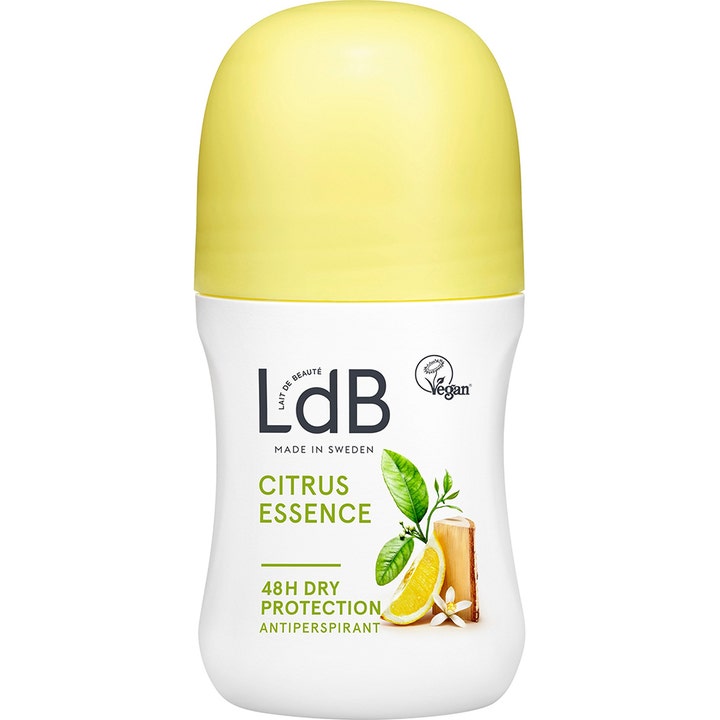 LdB Citrus Essence antiperspirant roll-on giver 48 timers beskyttelse i hvid emballage med gult låg og citron.