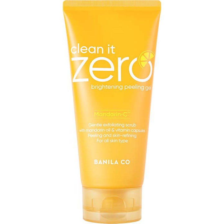 Banila Co Clean It Zero Brightening Peeling Gel 120 ml giver huden glød i en klar gul tube med hvid tekst og gult låg.
