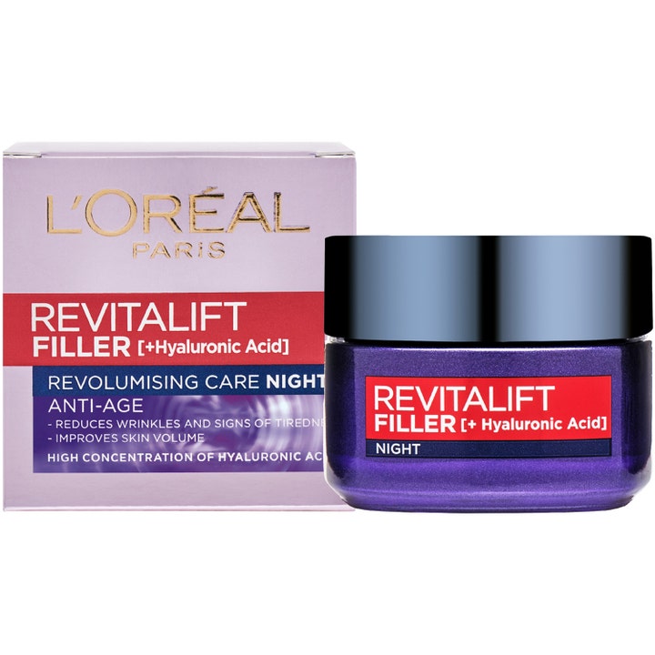 L'Oréal Paris Revitalift Filler Night 50 ml anti-age natcreme i lilla glaskrukke med mørkt låg