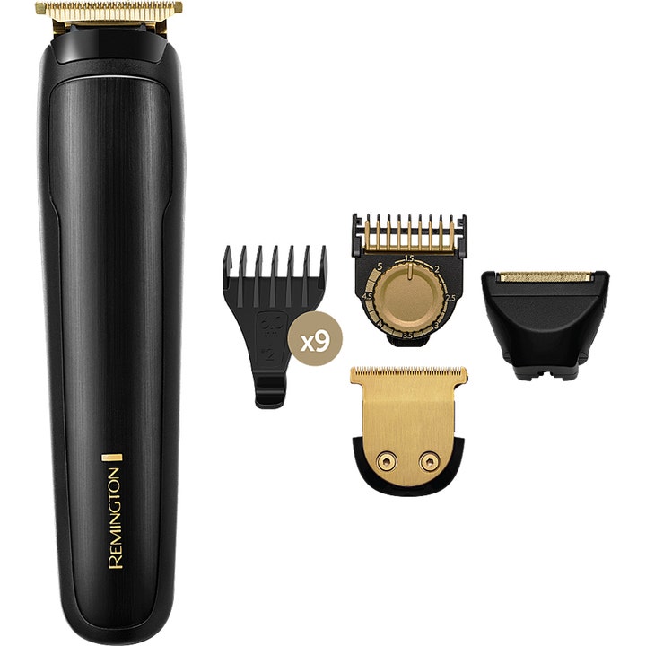 Remington T-Series Ultimate Precision Trimmer skægtrimmer med guldskær og tilbehør til præcis styling af skægget.