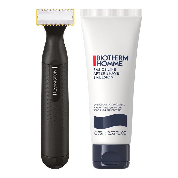 Biotherm Homme After Shave Emulsion 75ml beroligende pleje i hvid tube ved siden af en sort Remington trimmer.