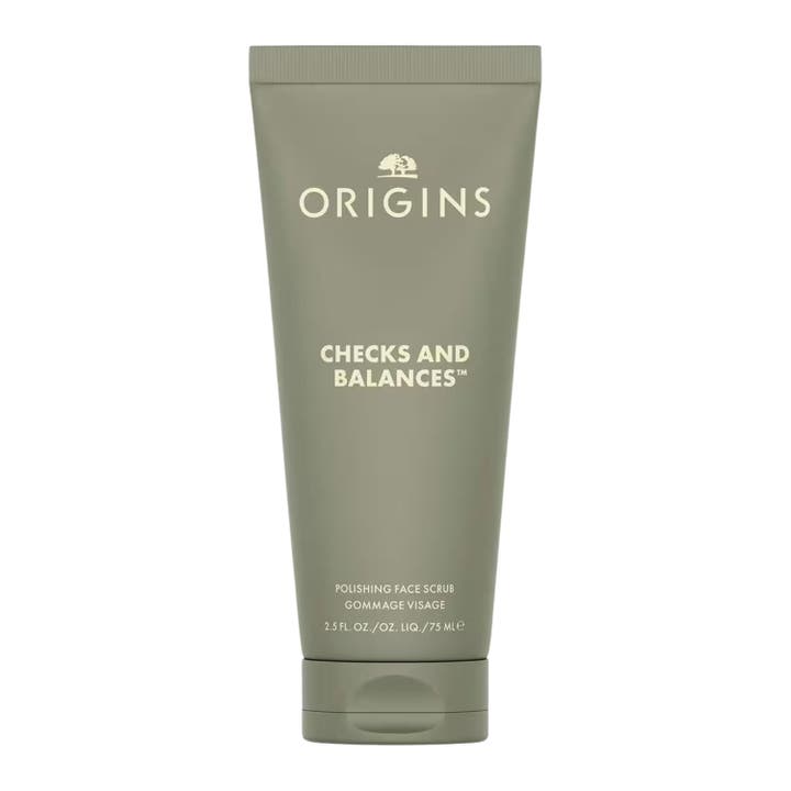 Origins Checks and Balances Polishing Face Scrub 75 ml eksfolierende ansigtsscrub med turmalin i hvid tube med grønt låg