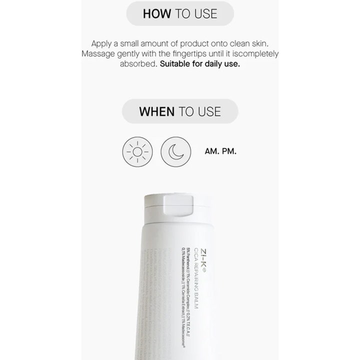 Niche Beauty Lab Transparent Lab Zi-K Cica Repairing Balm 100 ml reparerende creme med guide til brug morgen og aften.