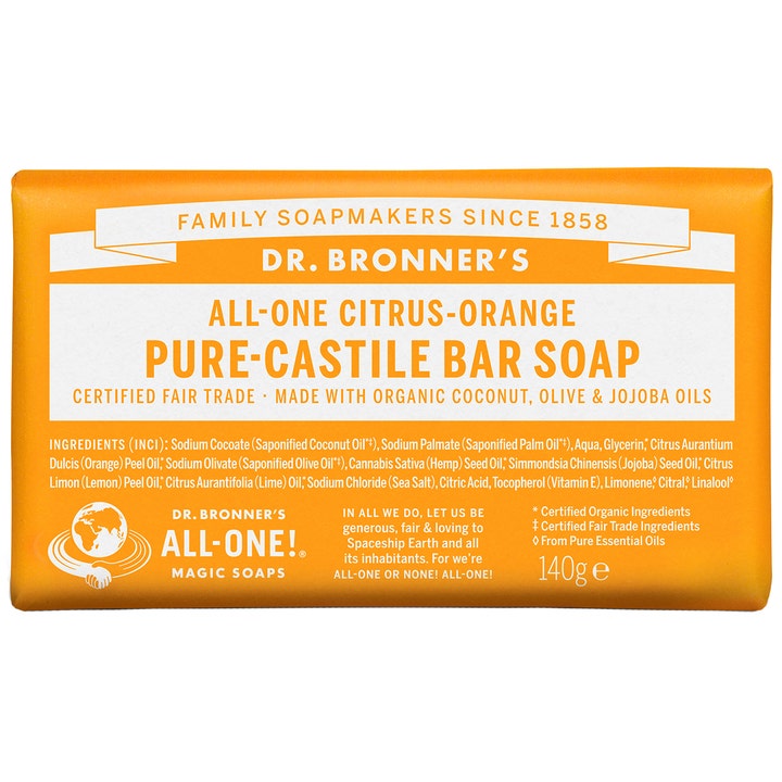 Dr. Bronner's Citrus-Orange Pure-Castile Bar Soap 140g forfriskende fast sæbebar i orange papiremballage