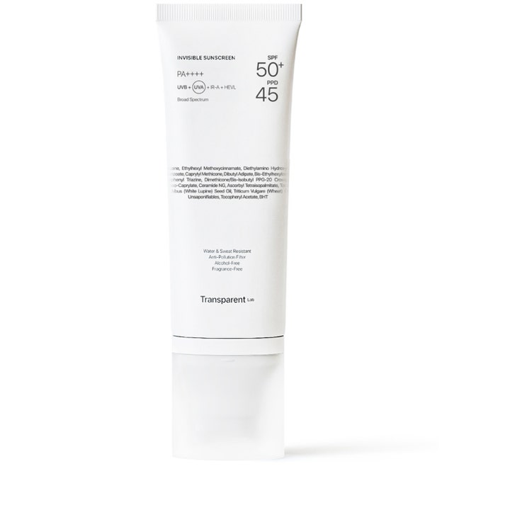 Transparent Lab Invisible Sunscreen SPF 50+ beskyttende solcreme i en minimalistisk hvid tube med klar hætte.