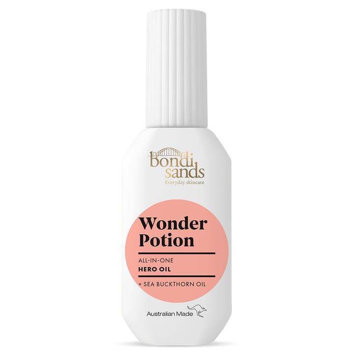 Bondi Sands Wonder Potion Hero Oil nærende ansigtsolie med havtornolie i hvid flaske med ferskenfarvet cirkel