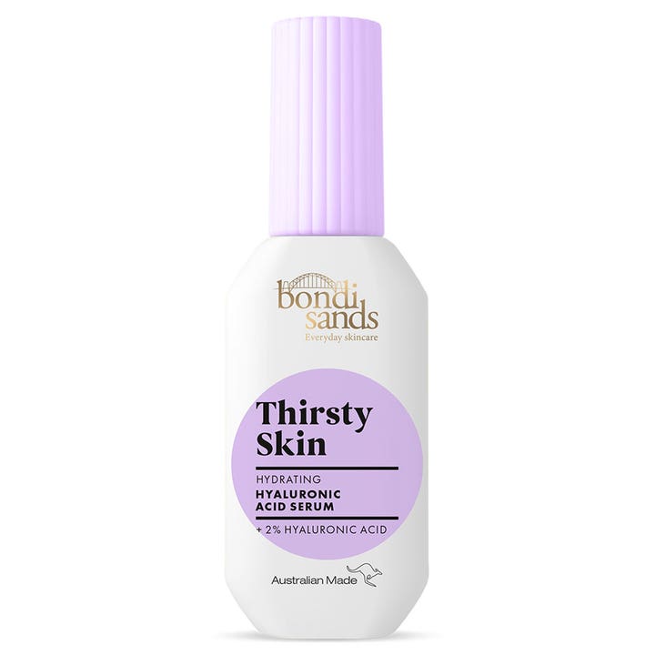 Bondi Sands Thirsty Skin 30ml fugtgivende serum med hyaluronsyre i hvid flaske med lys lilla låg