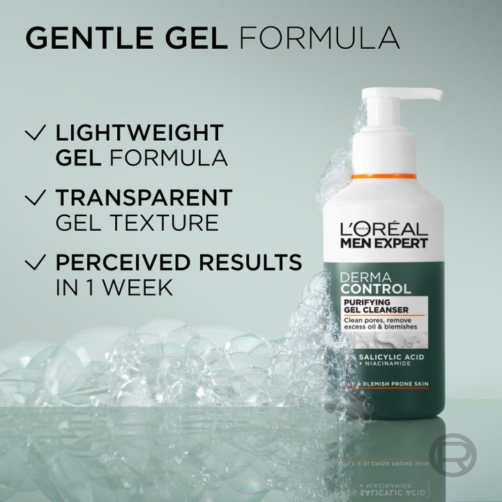 L'Oréal Paris Men Expert Derma Control 260 ml gel cleanser med salicylsyre i hvid pumpeflaske omgivet af let skum