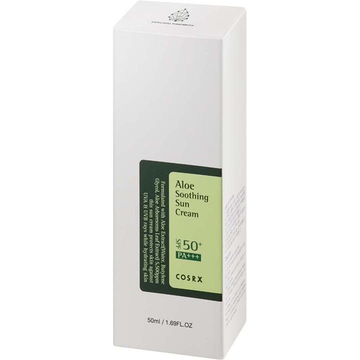 COSRX Aloe Soothing Sun Cream 50 ml beroligende solcreme i hvid emballage med aloe ekstrakt og SPF 50+