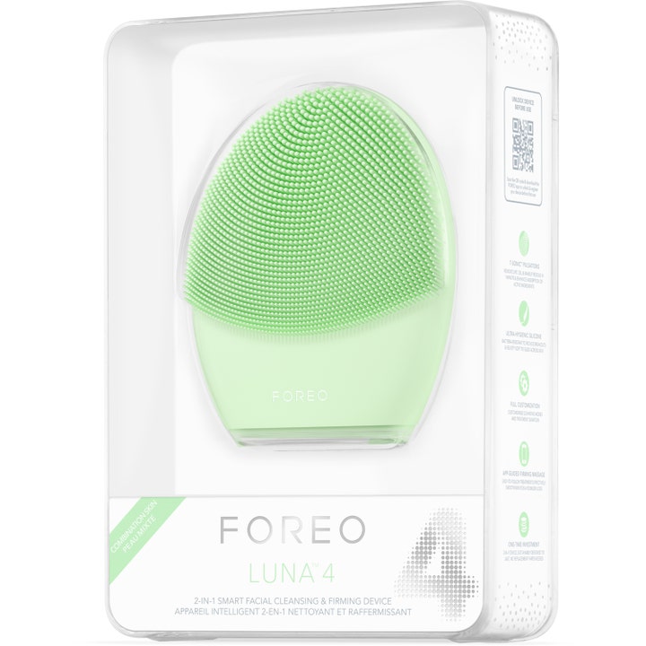 FOREO LUNA 4 Combination Skin 1 stk ansigtsrens og opstrammer i lysegrøn silikone i hvid original emballage