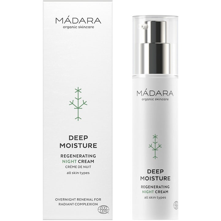 MÁDARA Deep Moisture Night cream 50 ml regenererende natcreme i hvid pumpeflaske og hvid æske med grønt logo