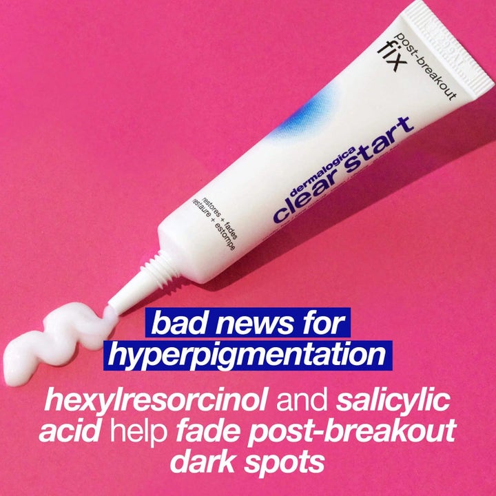 Dermalogica Post-Breakout Fix 15 ml creme mod hyperpigmentering på lyserød baggrund med hvid tekstur