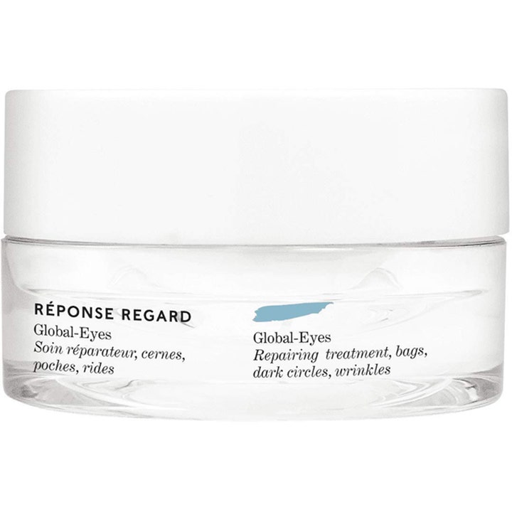 Matis Réponse Regard Global-Eyes reparerende øjencreme mod mørke rande i klar glaskrukke med hvidt låg