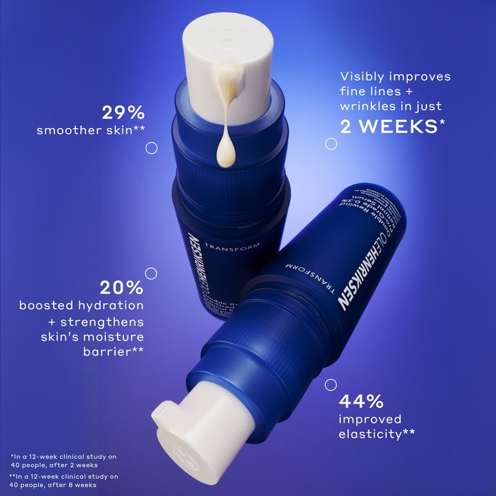 Ole Henriksen Transform Double Rewind 0.3% Retinol Serum 30 ml mod rynker i blå flaske med cremet tekstur og testresultat.
