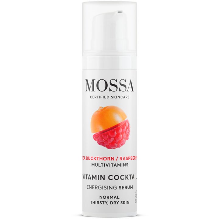 MOSSA Vitamin Cocktail 30 ml energigivende serum i hvid pumpeflaske med havtorn og hindbær