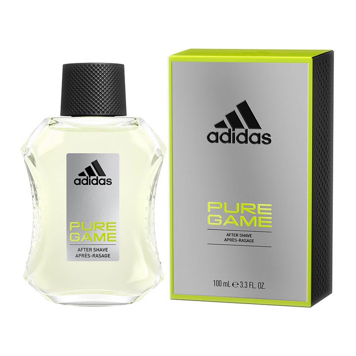 Adidas Pure Game For Him 100 ml aftershave beroliger huden i klar glasflaske ved siden af grå og limegrøn æske