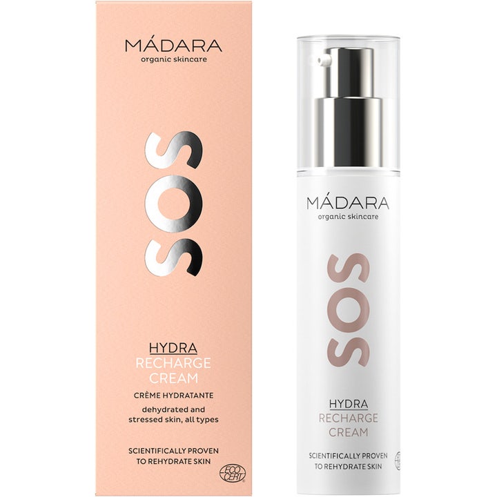 MÁDARA SOS Hydra Recharge Cream 50 ml fugtgivende ansigtscreme i hvid flaske med sølvpumpe og lyserød emballage