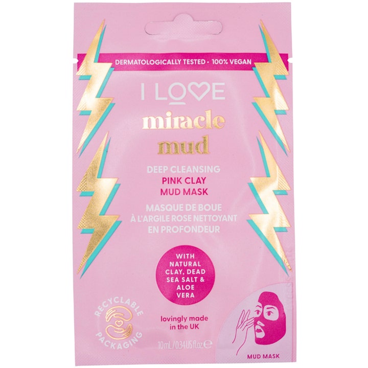 I LOVE Miracle Mud 10 ml dybderensende pink ler ansigtsmaske i lyserød pose med guldlyn og aloe vera
