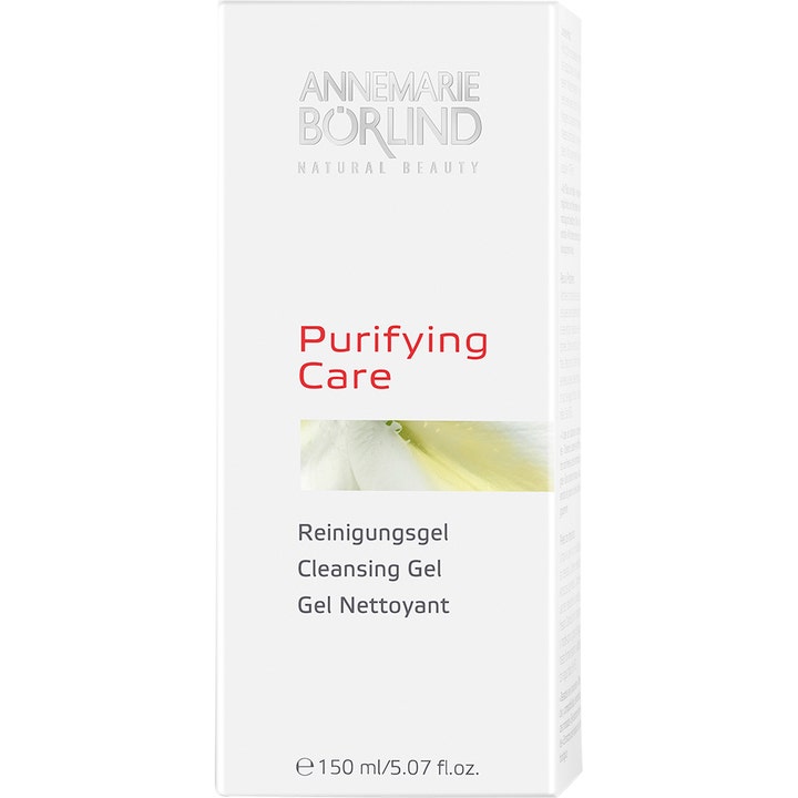 Annemarie Börlind Purifying Care 150 ml dybderensende rengøringsgel i hvid æske med røde detaljer.