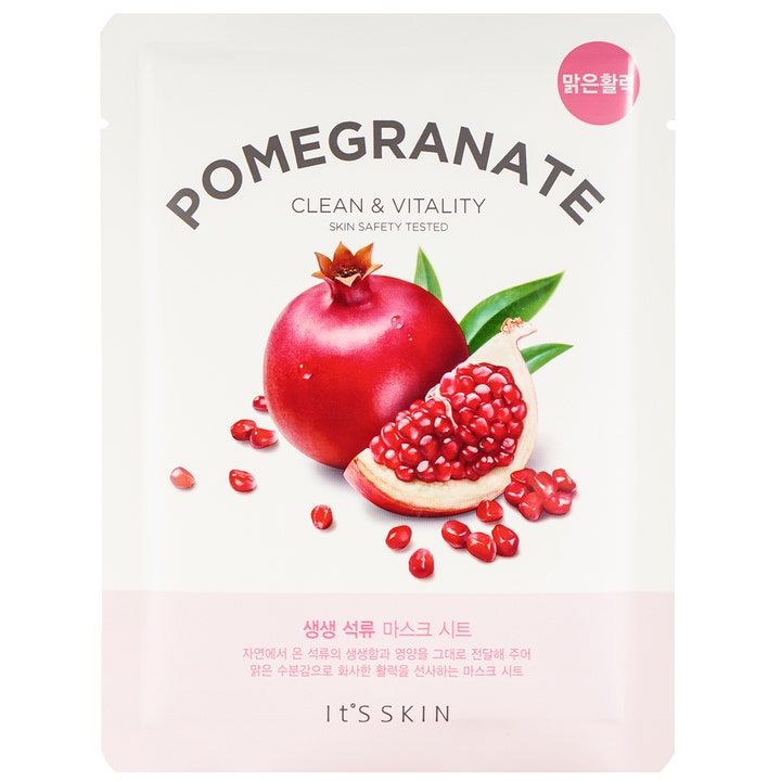 It'S SKIN Pomegranate Clean & Vitality 1 stk sheet maske der giver glød i hvid emballage med rødt granatæble