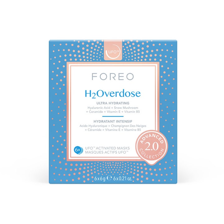 FOREO UFO H2Overdose 2.0 6 stk fugtgivende ansigtsmasker i lyseblå æske med mønster og hyaluronsyre