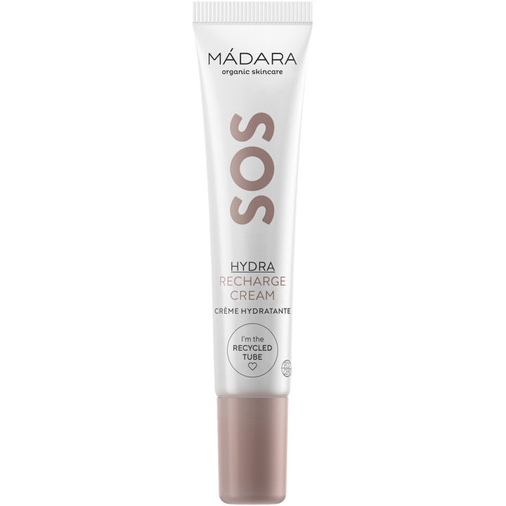 Mádara SOS Hydra Recharge Cream 50ml fugtgivende ansigtscreme i hvid genanvendt tube med støvet rosa skruelåg