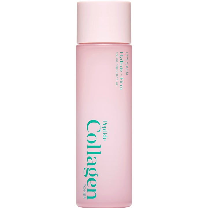 It's Skin Peptide Collagen Toner 150 ml opstrammende toner i en elegant frostet lyserød flaske med mat låg.