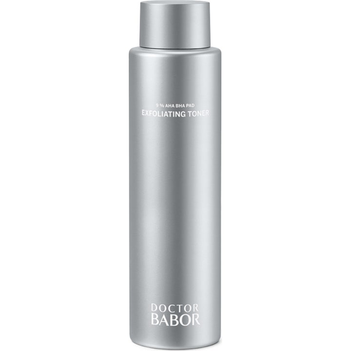 Doctor Babor Refine Cellular 9% AHA BHA Pad Exfoliating Toner i en slank sølvfarvet flaske med låg