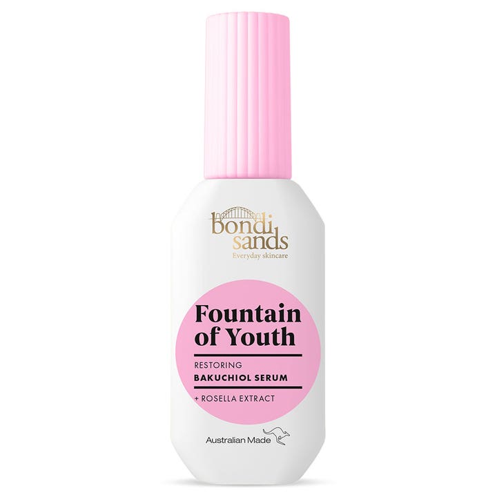 Bondi Sands Fountain of Youth 30ml genopbyggende bakuchiol serum i hvid flaske med rillet lyserødt låg